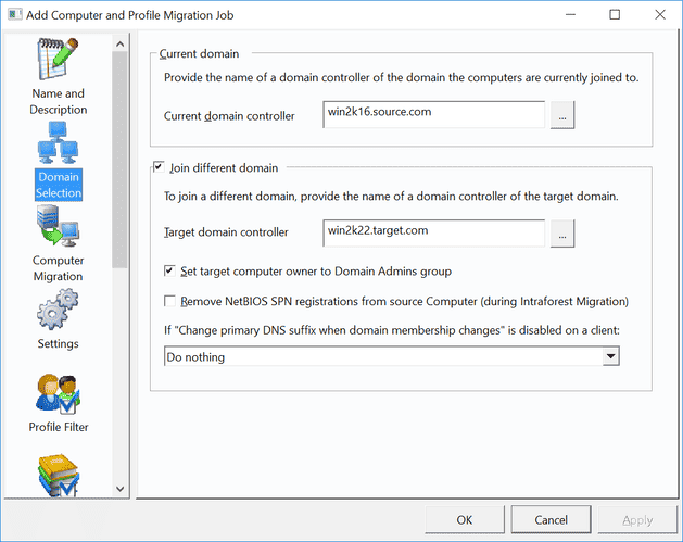 Domain selection for user profile migration