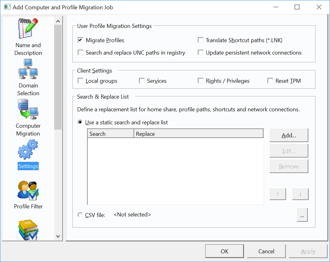 User profile migration settings.