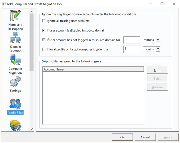 User profile migration filter page.