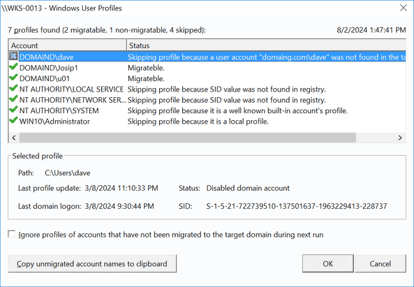 User profile migration details.