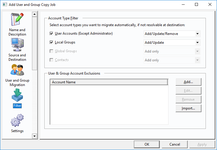 User and Group Migration - Account Filter