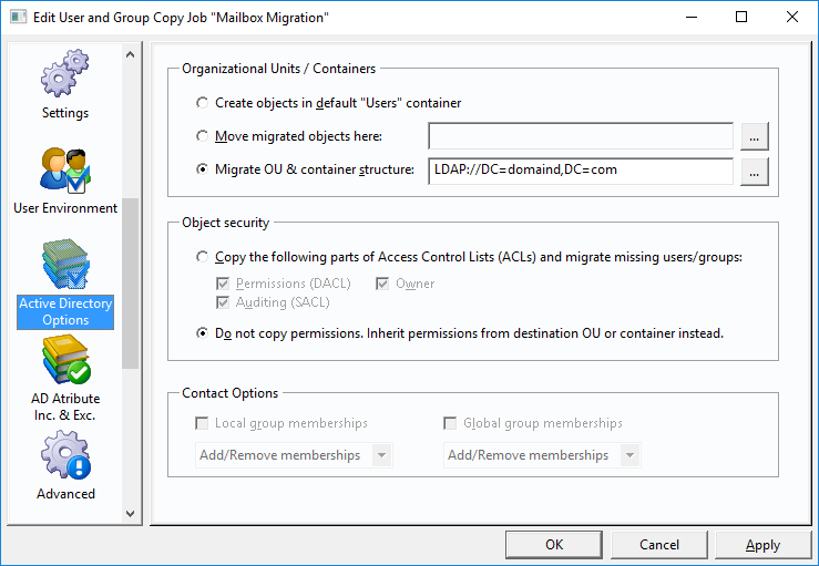 User and Group Migration - Active Directory Options
