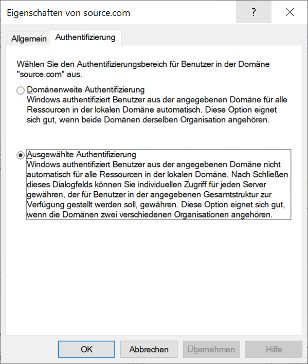 Ausgewählte Authentifizierung für Domänen-Vertrauensstellung